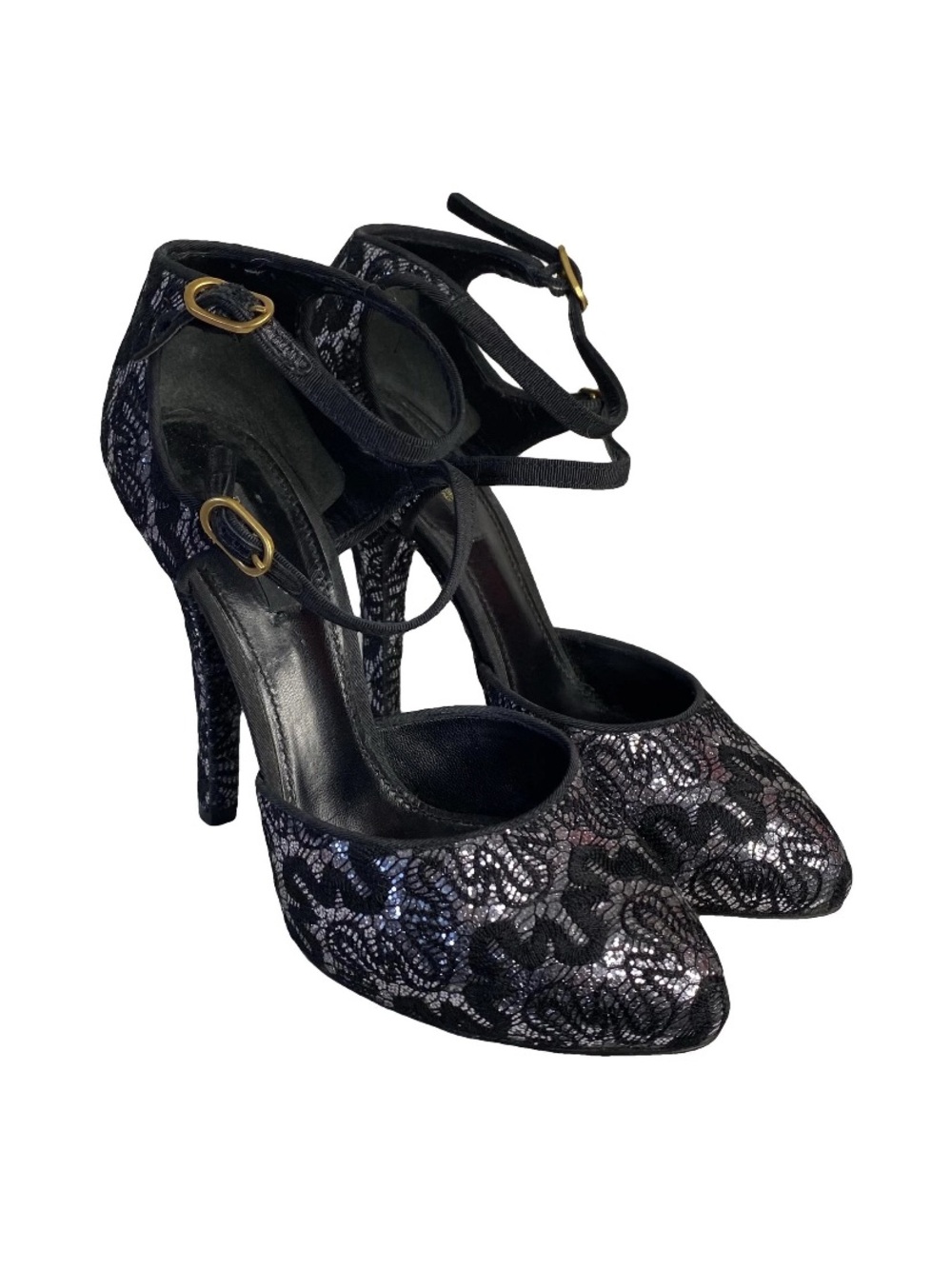 🛍️ Dolce & Gabbana Authentic Black & Silver Lace Overlay Ankle-Strap High Heels